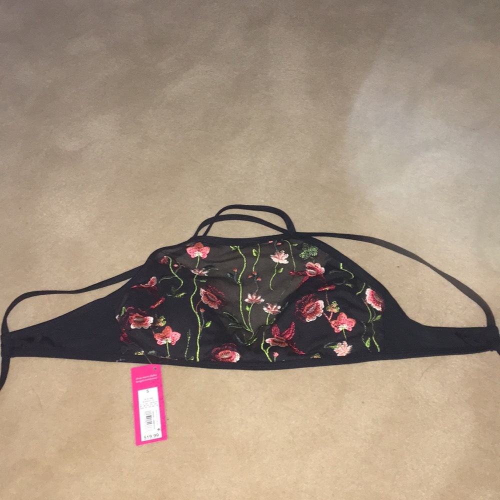 Halter top floral mesh bikini top lined